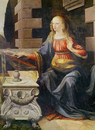 The Annunciation (detail of the Virgin) by Leonardo da Vinci